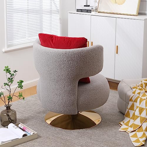 Swivel Accent Chair, Upholstered Barrel Chair with Pillow, 360 Degree Swivel Comfy Single Sofa Chair for Living Room, Bedroom, Lounge, Home Office (White with Orange Pillow, Teddy)