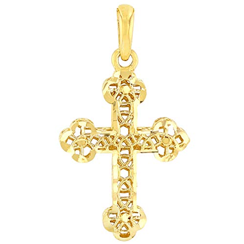 14k Yellow Gold Textured Filigree Christian Orthodox Cross Charm Pendant Necklace