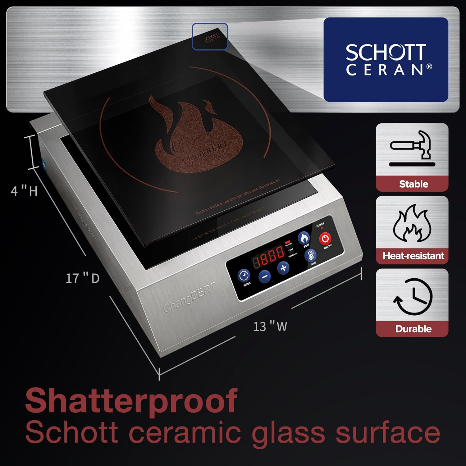 Induction Cooktop 1800W NSF Certified Commercial Grade Powerful Reliable Countertop Burner Pro Chef Professional Hot Plate 18/10 Stainless Steel Housing Schott Glass 10 Hours Timer