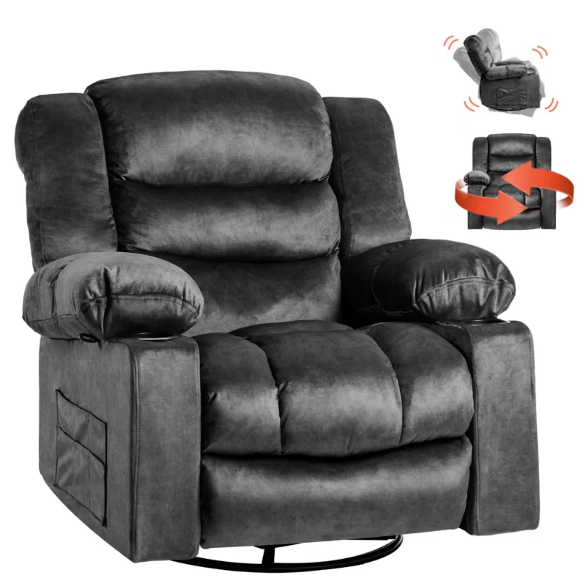Colerline 36.61" Wide Super Soft and Oversize Modern Designed Velvet Upholstered Heating & Massage Swivel Reclining Chair with Cupholders for Living Room, Bedroom, Gray