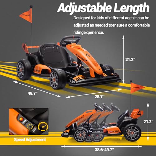 Electric Go Kart, Licensed Mclaren Drift Kart, Length Adjustment, LED Light, Crazy Cart for Kids Ages 6+, 400W Motor, Max Loads 130 LBS (Orange 24V)