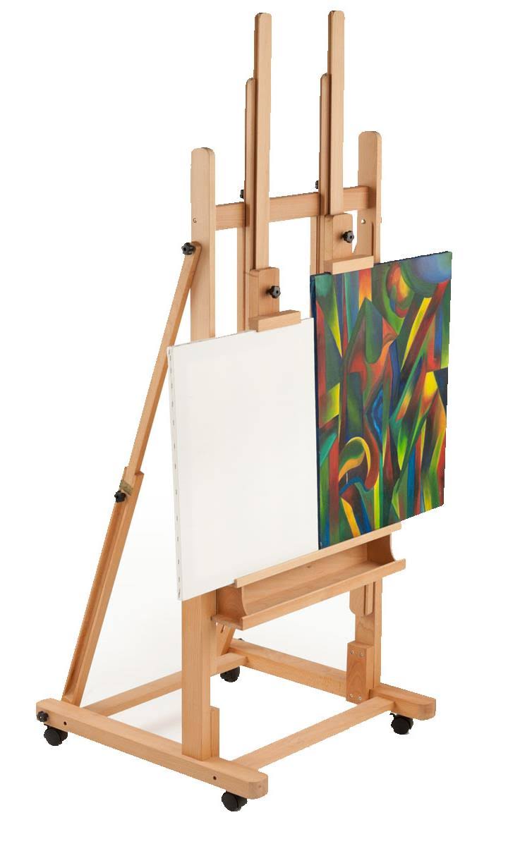 Displays2go Studio Easel for X-Large Canvases, Beech Wood Floor Easel with Locking Wheels, Accessories Tray