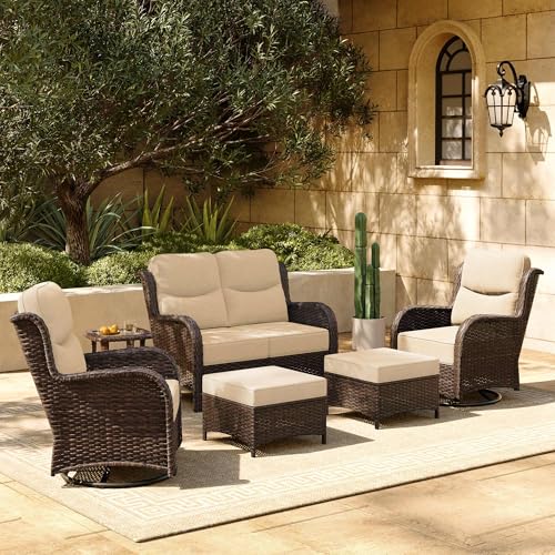 Luxury Patio Furniture Set with 6-inch Thick Cushion, Outdoor Couch and High Back Swivel Rocker Patio Chairs, 7PCS Wicker Conversation Set for Deck, Yard, and Poolside in Blue (V2)