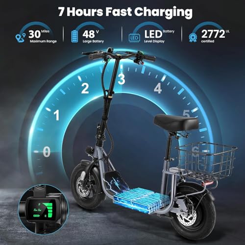 Caroma Peak 800W/1200W Electric Scooter Adults, 30 Miles Max Range, Foldable Electric Scooter with Seat, Front Suspension, Detachable Large Basket,Commuter E-Scooter for Adult and Teens