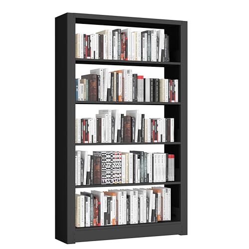5-Tier Bookshelf, Black Bookcase with Adjustable Storage Shelves, Freestanding Bookcases and Bookshelves, Wide Bookshelf for Home Office, Living Room, Bed Room, Including Book Stopper (Black)