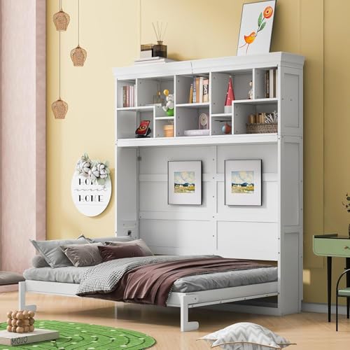 MERITLINE Queen Horizontal Murphy Bed Cabinet with Storage Bookcase Shelves and Charging Station,Wood Folding Grey Murphy Wall Bed for Adult