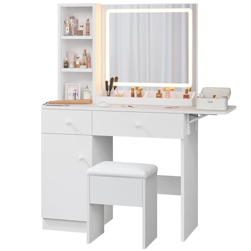 Haewon Makeup Vanity Desk with Mirror and Lights, White Vanity Table with Power Outlet and 3 Lighting Modes, Dressing Table Set with Cabinet Drawers Shelves and Storage Stool for Bedroom