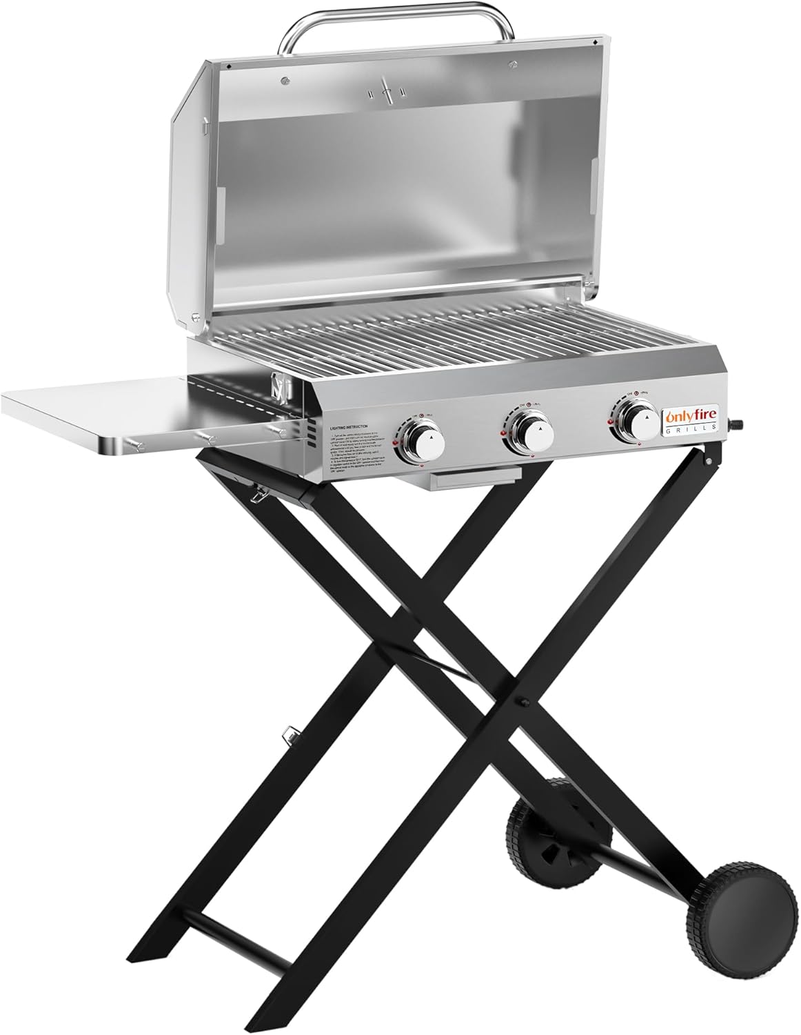 Onlyfire 3 Burner Gas Grill Trolley BBQ Gas Grill with Grill Grate 7 kW Grill Surface 56.5 x 34 cm with Side Tables, Foldable Trolley Wheels, Thermometer for Outdoor Camping Balcony Garden