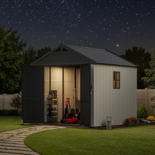 Patiowell 8 x 12 FT Plastic Outdoor Storage Shed with Floor, Resin Shed with Window and Lockable Door for Garden, Backyard, Tool Storage Use, Easy to Install in Beige (Kick-it Shed)
