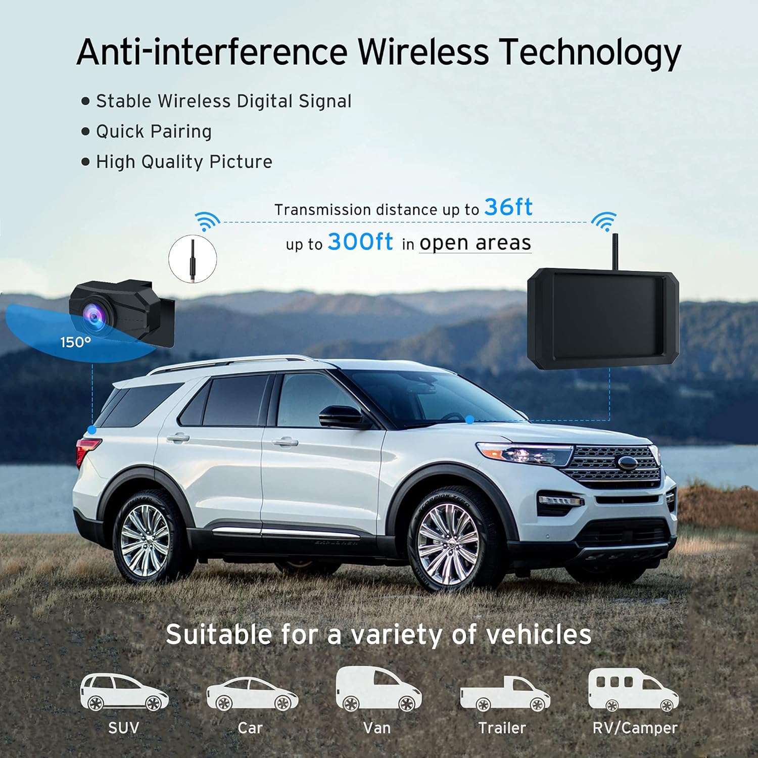Wireless Backup Camera Monitor: Digital Vehicle Backup Cameras + 5 inch HD Monitor Waterproof Night Vision, Rear Wireless Camera for Car RV SUV Trailer