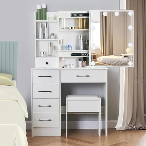 White Vanity Desk with Makeup Mirror and 10 Lights, 3 Color Mode Dimmable Sliding Lighted Mirror, 6 Large Drawers and 3 Level Storage Shelves, Bedroom Dressing Table Upholsterted Stool