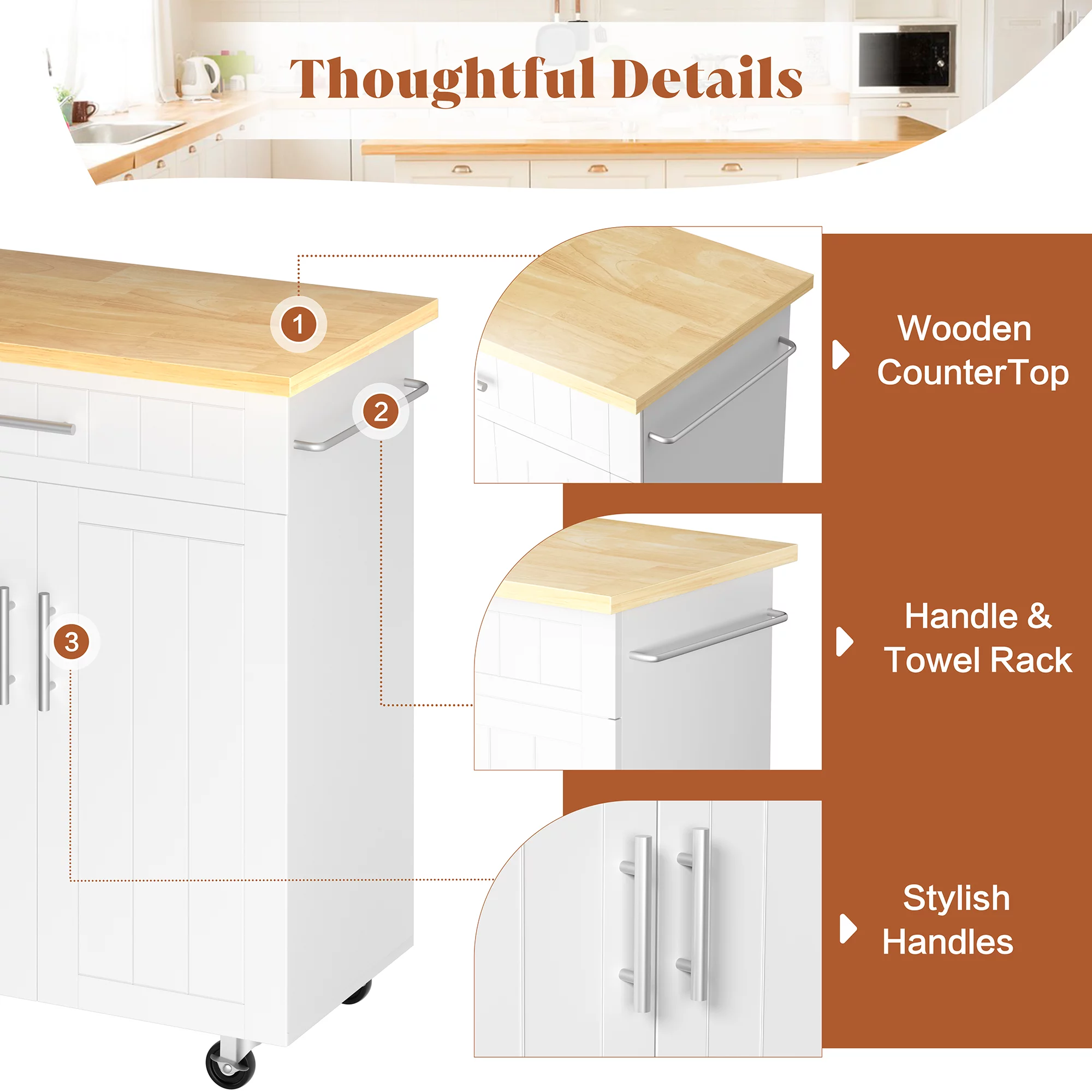 Walsunny Kitchen Island on Wheels with Storage, Kitchen Cart with Drawer and Countertop, 2 Doors Storage Cabinet for Dining Room Living Room, White