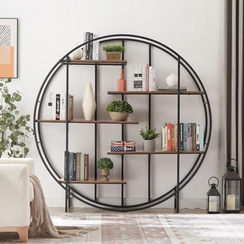 Plant Stand 5 Tier Tall Metal Plant Shelf for Indoor, Round Shaped Ladder Plant Shelf Holder, Plant Flower Pot Rack Display Stand for Living Room Patio Garden Balcony, Black+ Brown