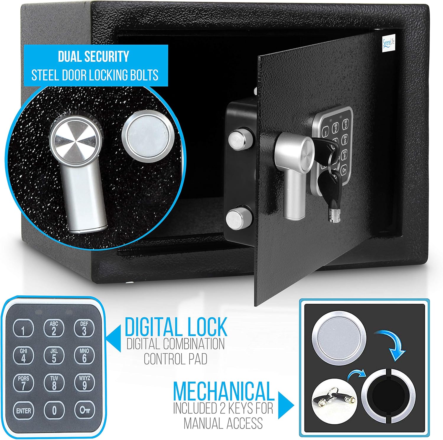 Home Security Electronic Lock Box - Safe with Mechanical Override, Digital Combination Lock Safe, LED Low Battery Indicator, Includes Mounting Bolts, Keys & (4) x ‘AA’ Batteries - SereneLife SLSFE15