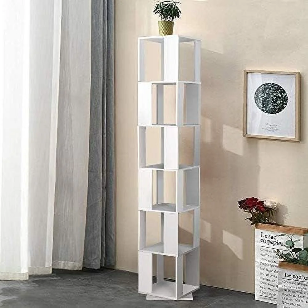 RUNFAYBIU Wooden Rotating Bookcase Shelves Floor Freestanding for Living Room Corner  Slim 6 Tiers Unit  Display Rack Tall Bookshelf  Bedroom Small Space (Blue)