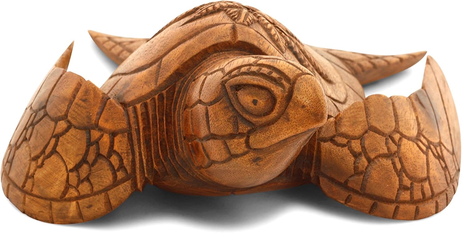 G6 COLLECTION 12" Long Wooden Hand Carved Turtle Tortoise Statue Figurine Sculpture Handcrafted Handmade Decorative Home Decor Accent Rustic Seaside Tropical Nautical Ocean Coastal Decoration