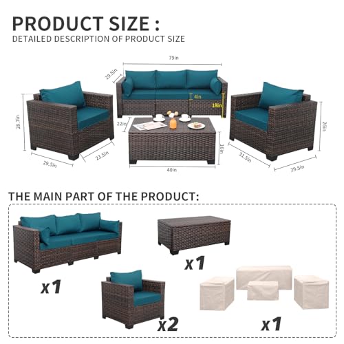 Valita Patio Rattan Furniture Set 4-Piece Outdoor PE Wicker Conversation Couch, Brown Sectional Sofa Couch with Storage Coffee Table Non-Slip and Washable Royal Blue Cushions
