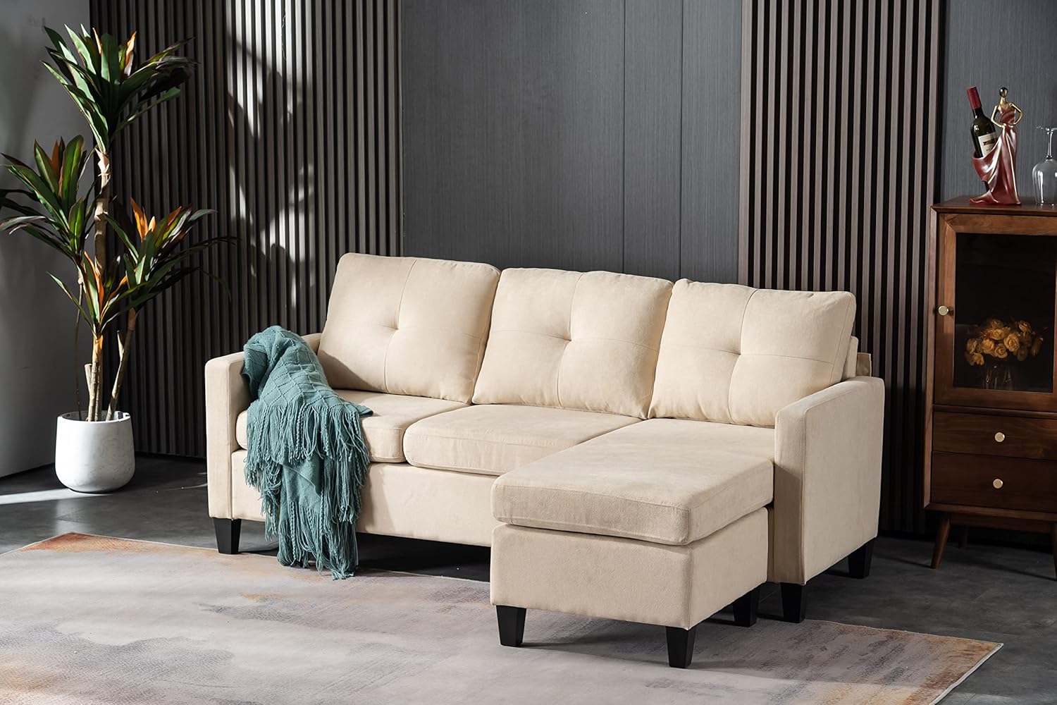 75" Modern Fabric Sofa and Chaise Convertible to Ottoman in Beige Reversible Sectional Sectional Living Room Home Furniture