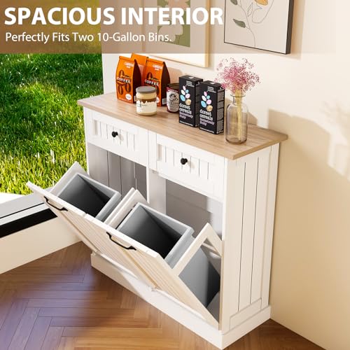 HTK Double Tilt Out Trash Cabinet – Farmhouse Hidden Trash Can Kitchen Cabinet, Space-Saving Design, Additional Storage, Fits 2x10 Gallon Bins, with Pull-Out Drawers (White)