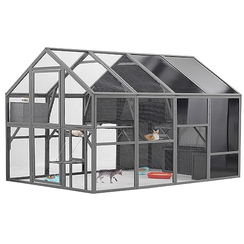 Lovinouse 71 Inch Large Outdoor Cat House, Waterproof Wooden Cats Catio Cat Cage Enclosure with Large Door, Platform and Small House