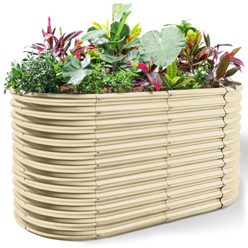 Land Guard 8x4x3ft Oval Galvanized Raised Garden Beds, Large-Capacity Metal Planter Box Outdoor, Durable Deep Raised Garden Bed 3ft Tall, Raised Beds for Gardening Vegetables, Cream Yellow