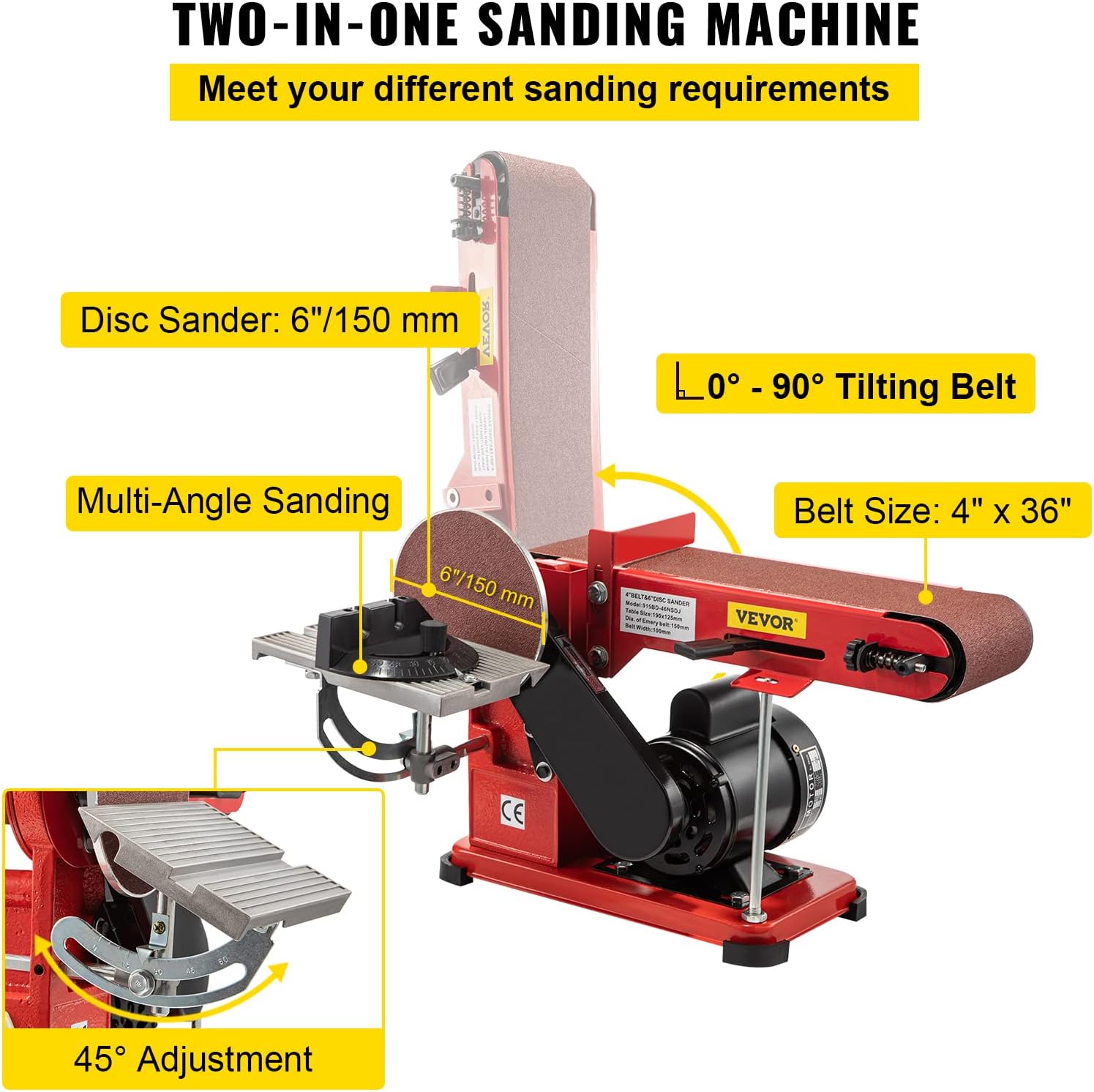 VEVOR Belt Sander 4" x 36", Disc Combo Sander 6",Electric Adjustable Bench Belt Sander 375W,Grinder Bench Sanding Machine With 4 Rubber Foot Pad