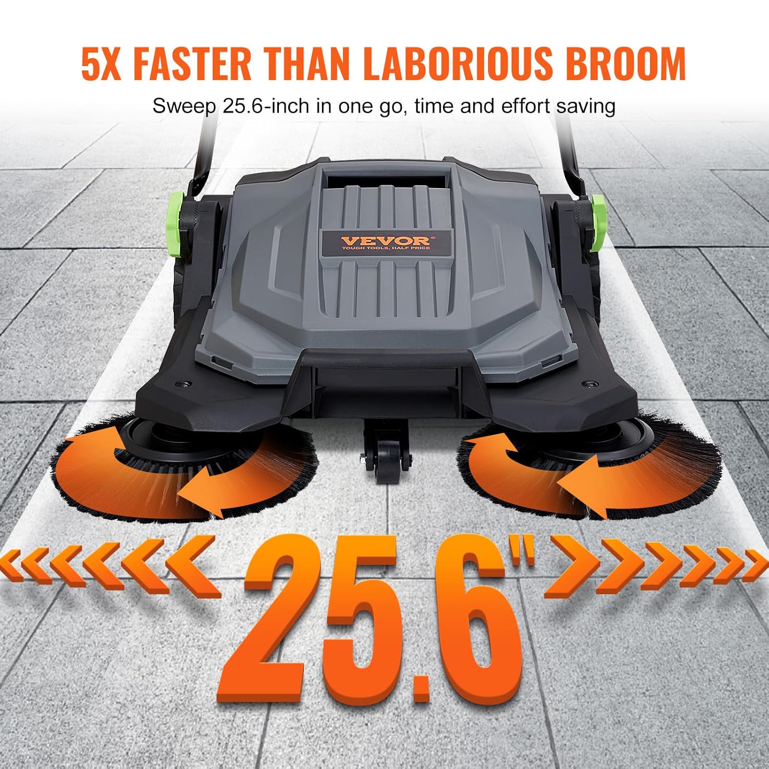 VEVOR Walk-Behind Hand Push Floor Sweeper, 25.6" Sweeping Width Floor Sweeper Manual Non-Electric, 5-Gallon Waste Container, Angle & Height Adjustable Folding Handle for Walkway, Yard, Garage, Patio