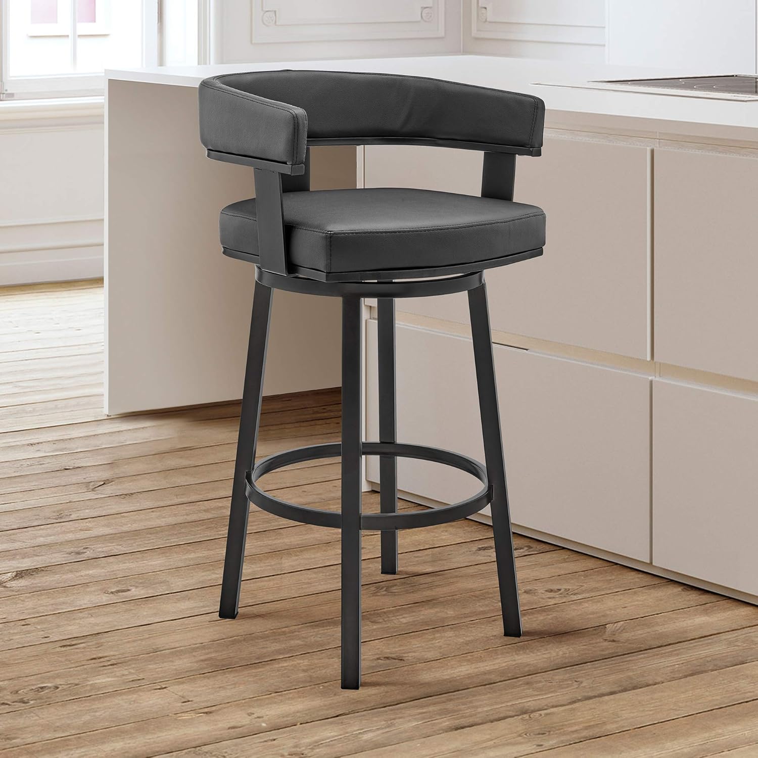 Armen Living Cohen 30" Bar Height Swivel Bar Stool in Black Finish and Black Faux Leather