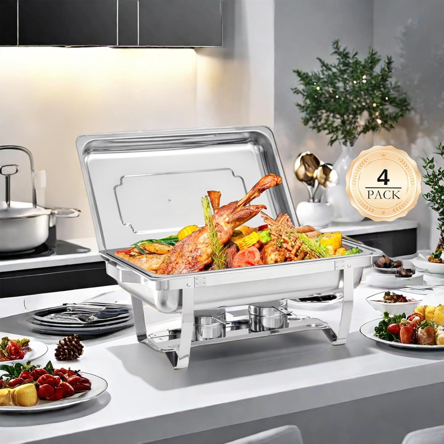 Chafing Dish Buffet Set - 4 Pack, 8 Quart Stainless Steel Chafer Buffet Servers and Warmers Set with Folding Frame for Weddings, Parties, Banquets, and Catering Eventst