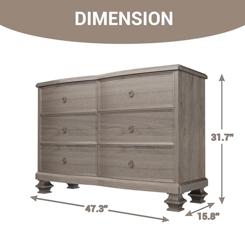 White 6 Drawer Wooden Dresser, Tall Dressers for Bedroom, Chest of Drawers Closet Organizers and Storage for Clothes - Easy Pull Handle, Textured Borders Drawers for Living Room, Hallway