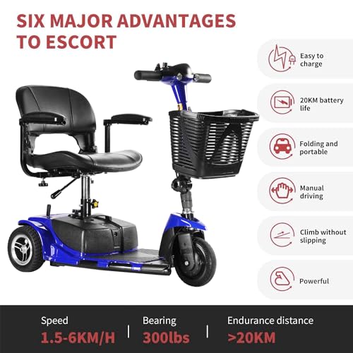 4 Wheel Battery Powered Electric Mobility Scooter - Electric Transportation Wheelchair - Compact Heavy Duty Mobility for Travel, Adults and Seniors includes Basket and Charger (Red)