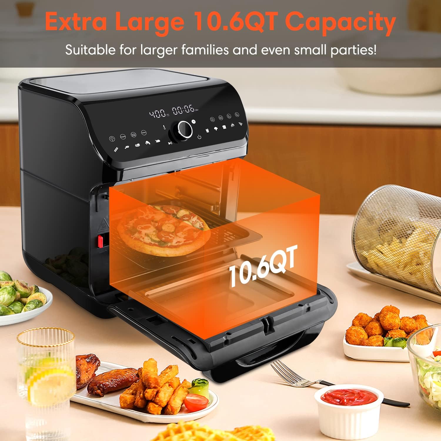 Air Fryer Toaster Oven, 10.6 QT Toaster Oven Air Fryer Combo with Dehydrator & Rotisserie, 10-in-1 XL Large Family Size Air Fryer with LED Touch Screen, 7 ​Accessories, Black