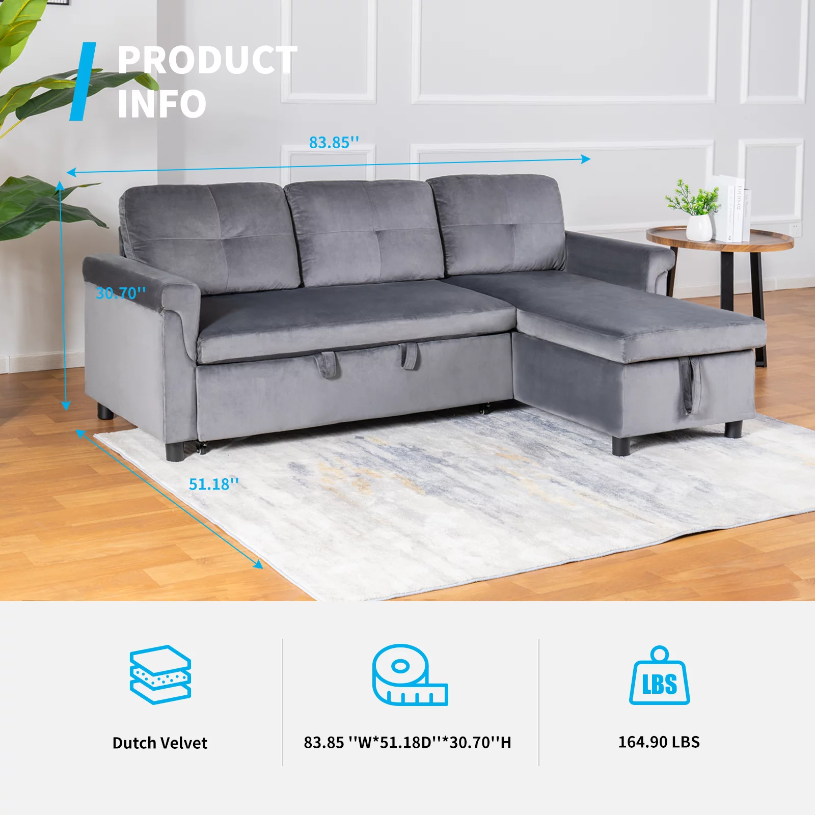Mjkone Reversible Sectional Sofa Couch with Storage Chaise, Modern Dutch Velvet L-Shaped Sleeper Sofa 3-Seat Couches Sectional with Reversible Chaise (Light Gray)