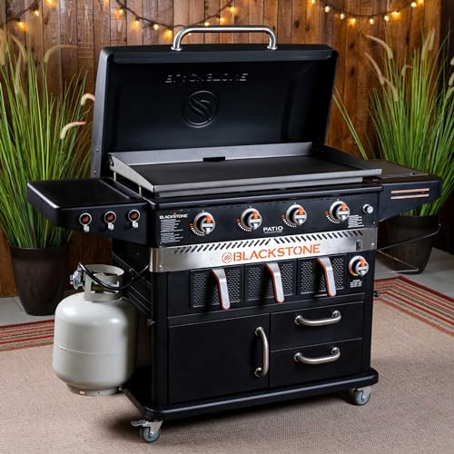 Blackstone 1923 Air Fryer Combo & Four Burners Stainless Steel Gas Hood, Wheels, Two Side Shelf – Heavy Duty Outdoor Griddle Station for Backyard, Patio, 36 inch Black