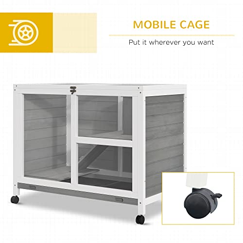 PawHut Indoor Rabbit Hutch with Wheels, Desk and Side Table Sized, Wood Rabbit Cage, Waterproof Small Rabbit Cage, Natural