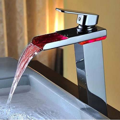 Wovier Chrome LED Water Flow Color Changing Waterfall Bathroom Sink Faucet,Single Handle Single Hole Vessel Lavatory faucet,bas