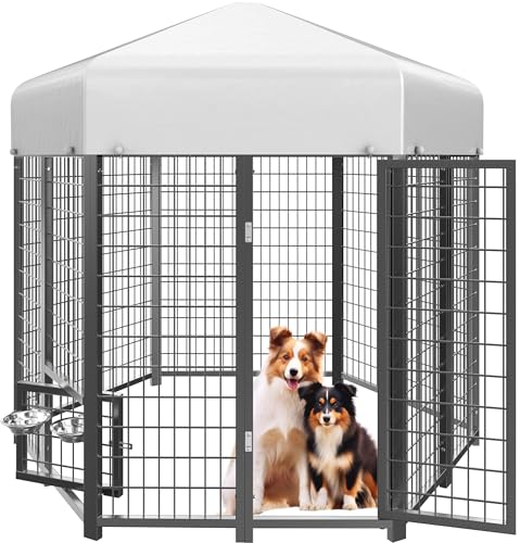 SINO LUBAN Outdoor Dog Kennel Outside Run with Doggy Door, Swivel Feeder&Roof - 8x4x6 Large Dog Kennels Pens Outside for Large Dogs Breed-Heavy Duty Cage Enclosure Yard (Can Connect to Your Dog House)