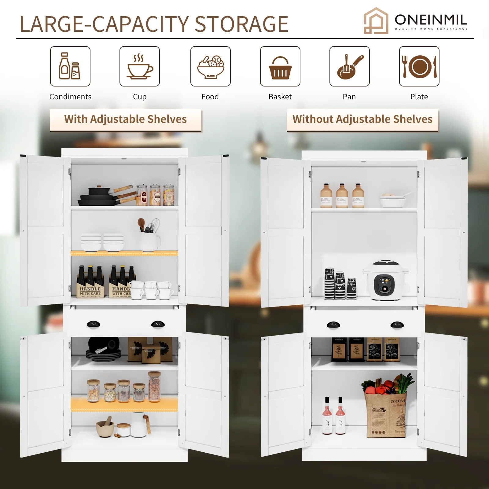 Oneinmil 72" Pantry Storage Cabinet, Tall Kitchen Pantry with Farmhouse Barn Doors for Kitchen, Rustic White