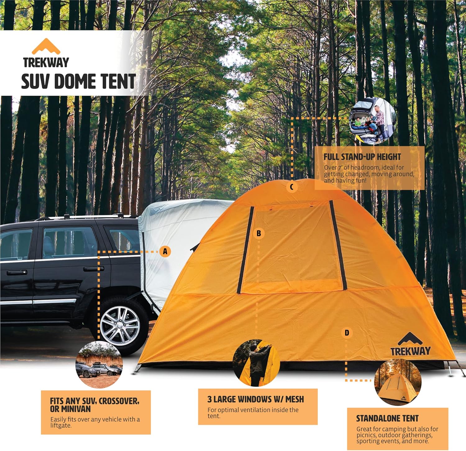 Trekway SUV Waterproof Instant Camping Tent w/Attachment | 9' x 9' | Sleeps Up to 7 People | 4Runner, Outback, Forester, Rav4 | Crossover, Minivans & Other Vehicles