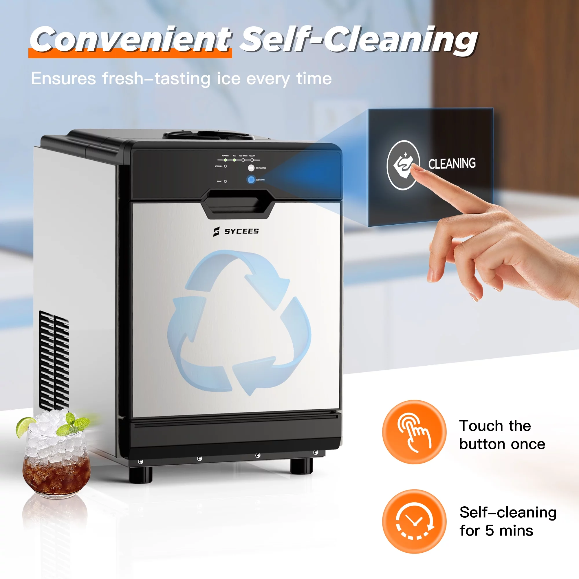SYCEES Nugget Ice Maker Countertop, 55lbs/24h, 13lbs Storage, Sonic Ice Ready in 7 Mins, 2 Ways to Add Water, Self-Cleaning Pellet Ice Machine for Home, Office, Bar, Cafe, Restaurant, Commercial Use
