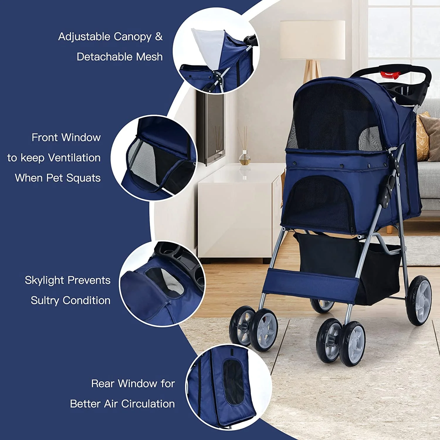 Folding Dog Stroller, Pet Stroller for Small Medium Dogs Cats Puppy, 4 Lockable Wheels Cat Stroller Travel Carrier Strolling Cart with Safety Belt, Removable Liner and Storage Basket (Navy)