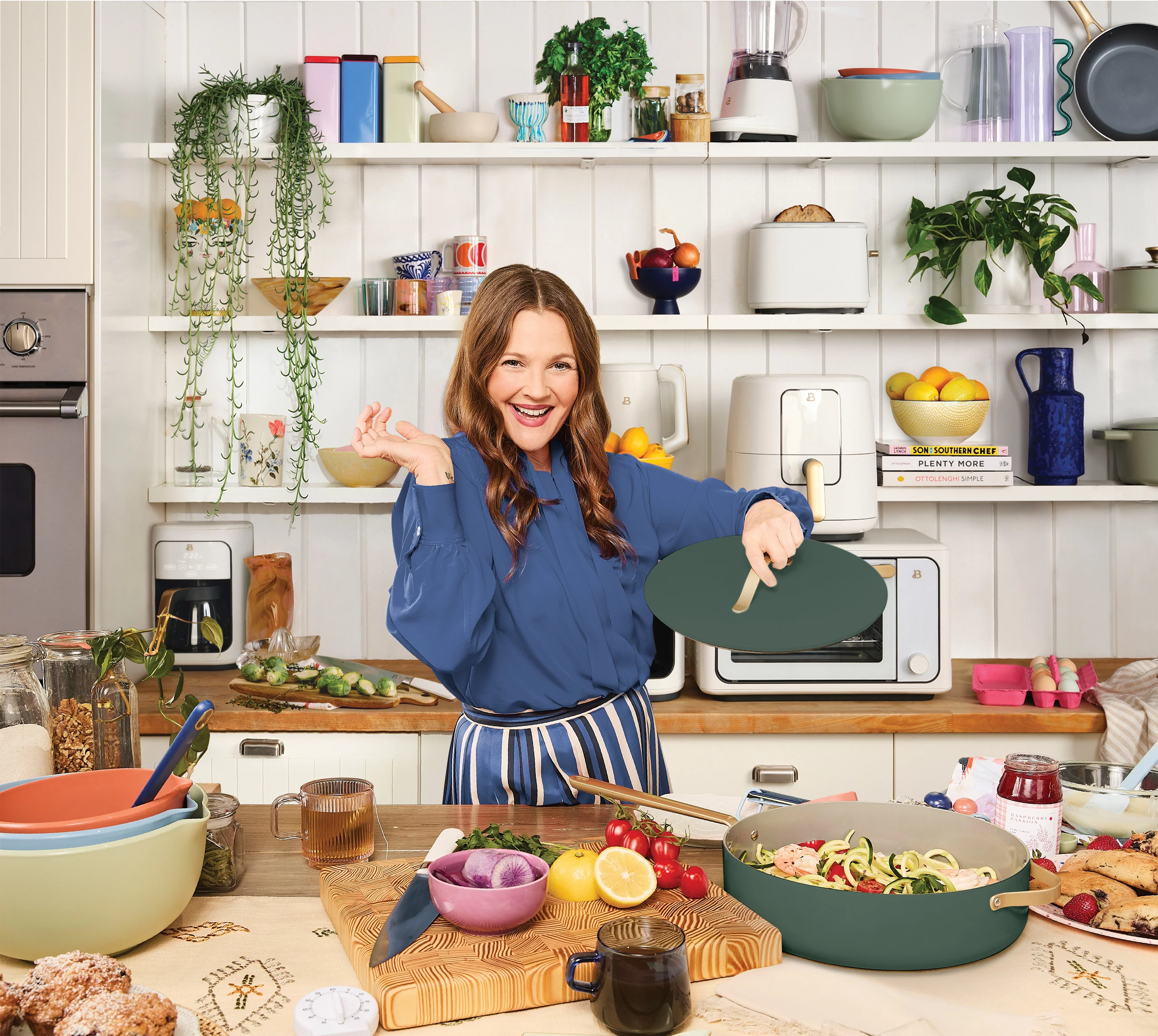 Beautiful 20pc Ceramic Non-Stick Cookware Set, Thyme Green by Drew Barrymore