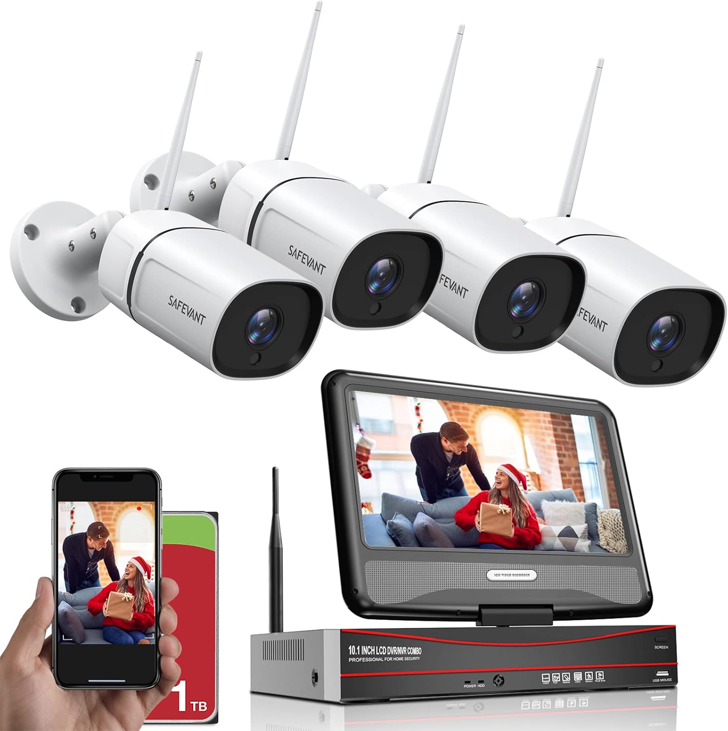 【Two Way Audio】1080P Wireless Security Camera System with Monitor,SAFEVANT 8 Channel Video NVR Systems with 4pcs Outdoor Indoor Home Surveillance IP Camera Night Vision Motion Detection,1TB Hard Drive