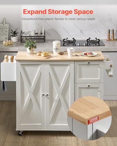 VEVOR Kitchen Island Cart with Solid Wood Top, 35.4" Width Mobile Carts with Storage Cabinet, Rolling Kitchen Table with Spice Rack, Towel Rack, and Drawer, Portable Islands on Wheels, White