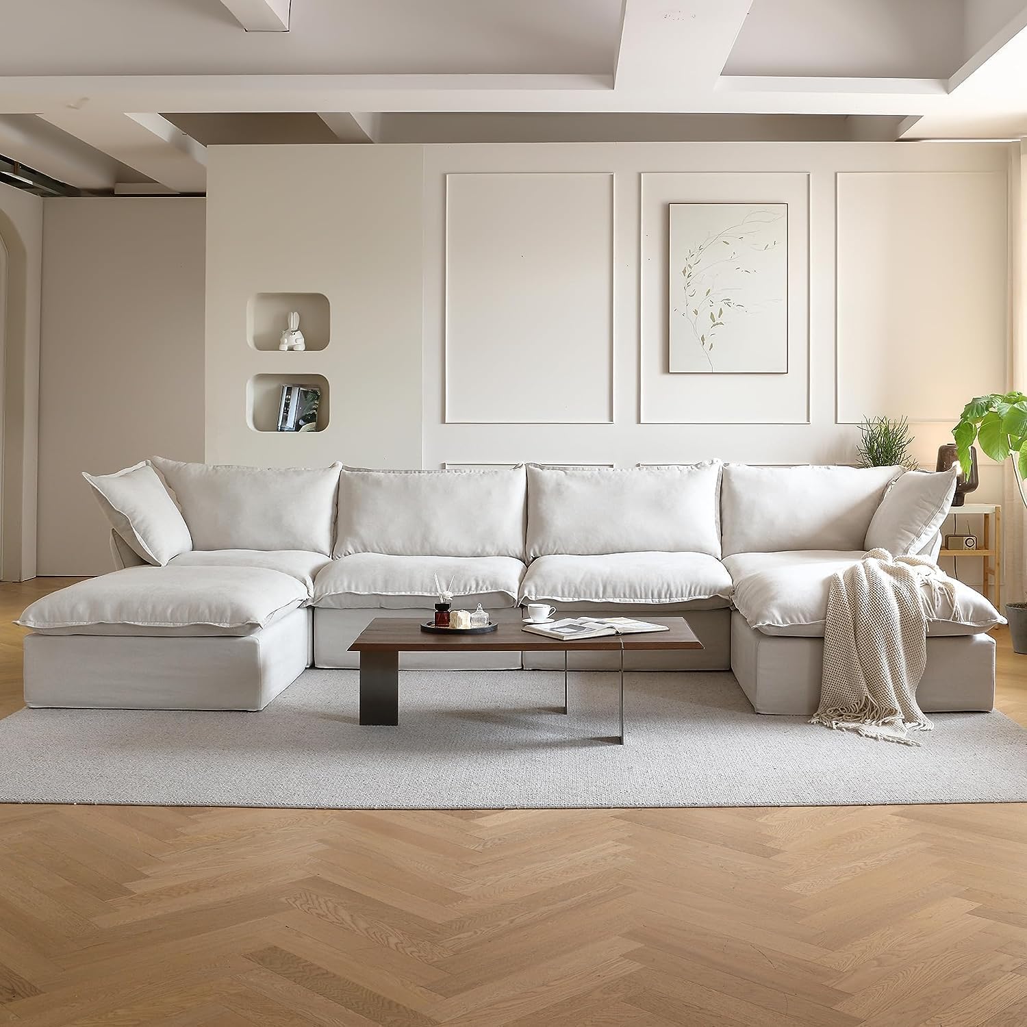 JACH U Shape Couch Sectional for Living Room, Convertible Sectional Sofa, Modern Deep Seat Cloud Couch, Modular Sectional Couch with Ottomans for Living Room, Office, Apartment (6-Seat, Beige)