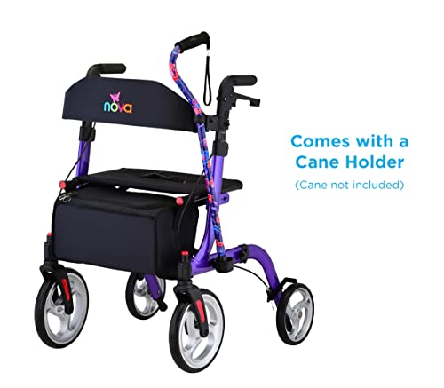 NOVA Medical Products Express Rollator Walker, Large 10” & 8” Wheels, Compact Foldable & Free Standing, Easy to Fold, Lift & Carry, Comes with Cane Holder, Red