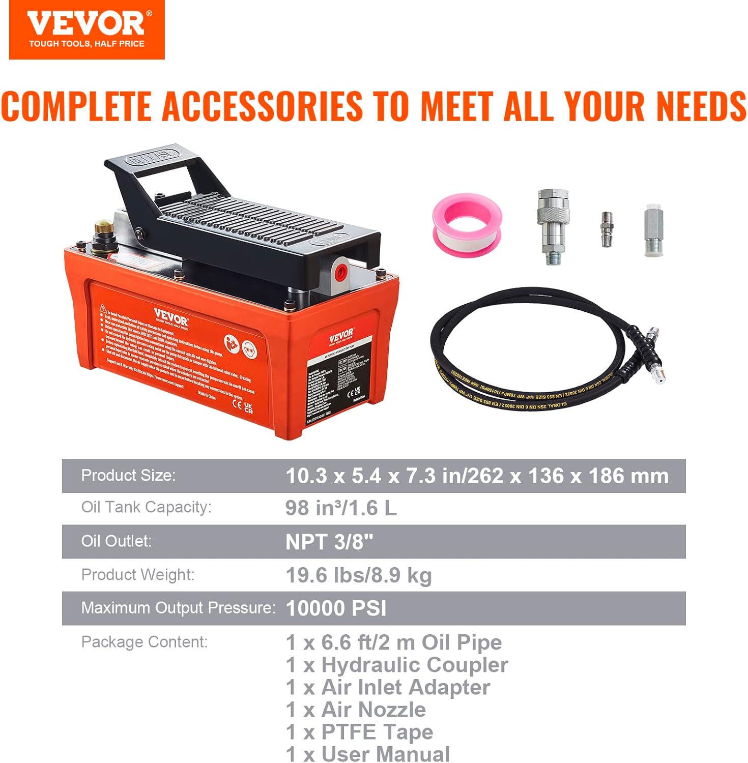 VEVOR Air Hydraulic Pump, 10,000 PSI 1/2 Gal Reservoir, NPT 3/8" Oil Outlet, NPT 1/4" Inlet, 6.6 ft Pipe, Foot Actuated Hydraulic Pump Air Treadle for Auto Body Frame Machines and Pulling Post, Orange