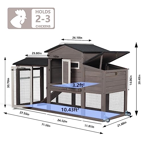 71" Chicken Coop Backyard Hen House Wooden Tractor Poultry House for Indoor Outdoor, with Chicken Nesting Box, Wheels, Waterproof Roof, Pull Out Tray