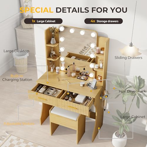 Vanity Desk with LED Lighted Mirror, Makeup Vanity with 3 Adjustable Lights, 2 Large Drawers and 4 Open Shelves, White Vanity with Storage Stool for Bedroom