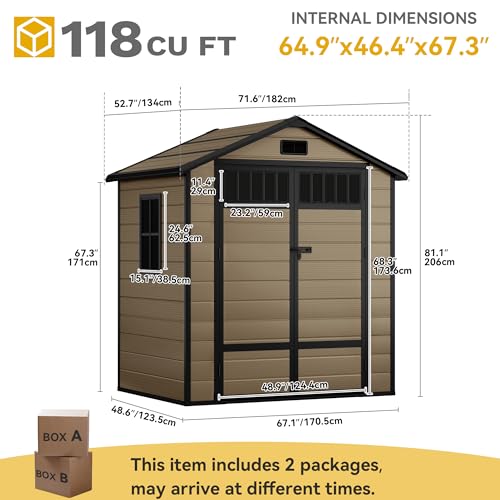 DWVO 6x4.4 FT Resin Storage Shed with Fence-Style and Side Windows, Lockable Door, and Vents for Garden, Backyard, Patio, Lawn, Brown